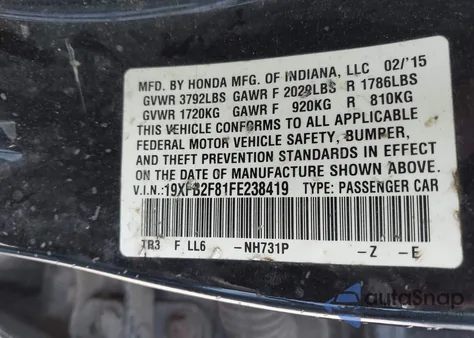 2015 Honda Civic Ex z USA, uszkodzony, nr VIN 19XFB2F81FE238419